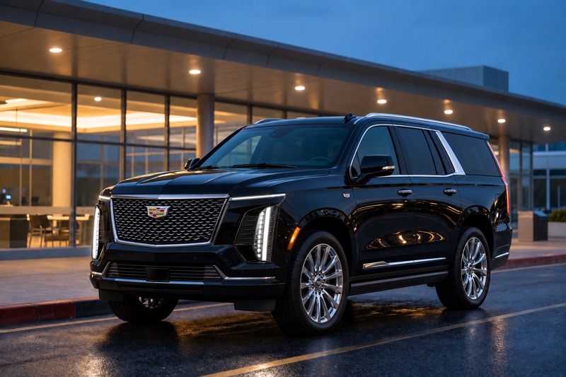 Illustrative 2026 Cadillac Escalade at an airport terminal