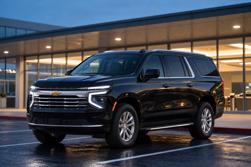 Illustrative black 2026 Chevrolet Suburban outside an airport terminal