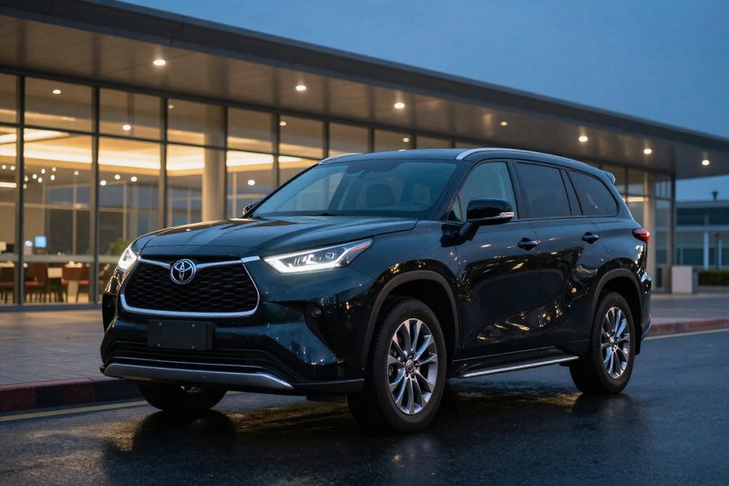 Illustrative Toyota Highlander Hybrid at an airport terminal